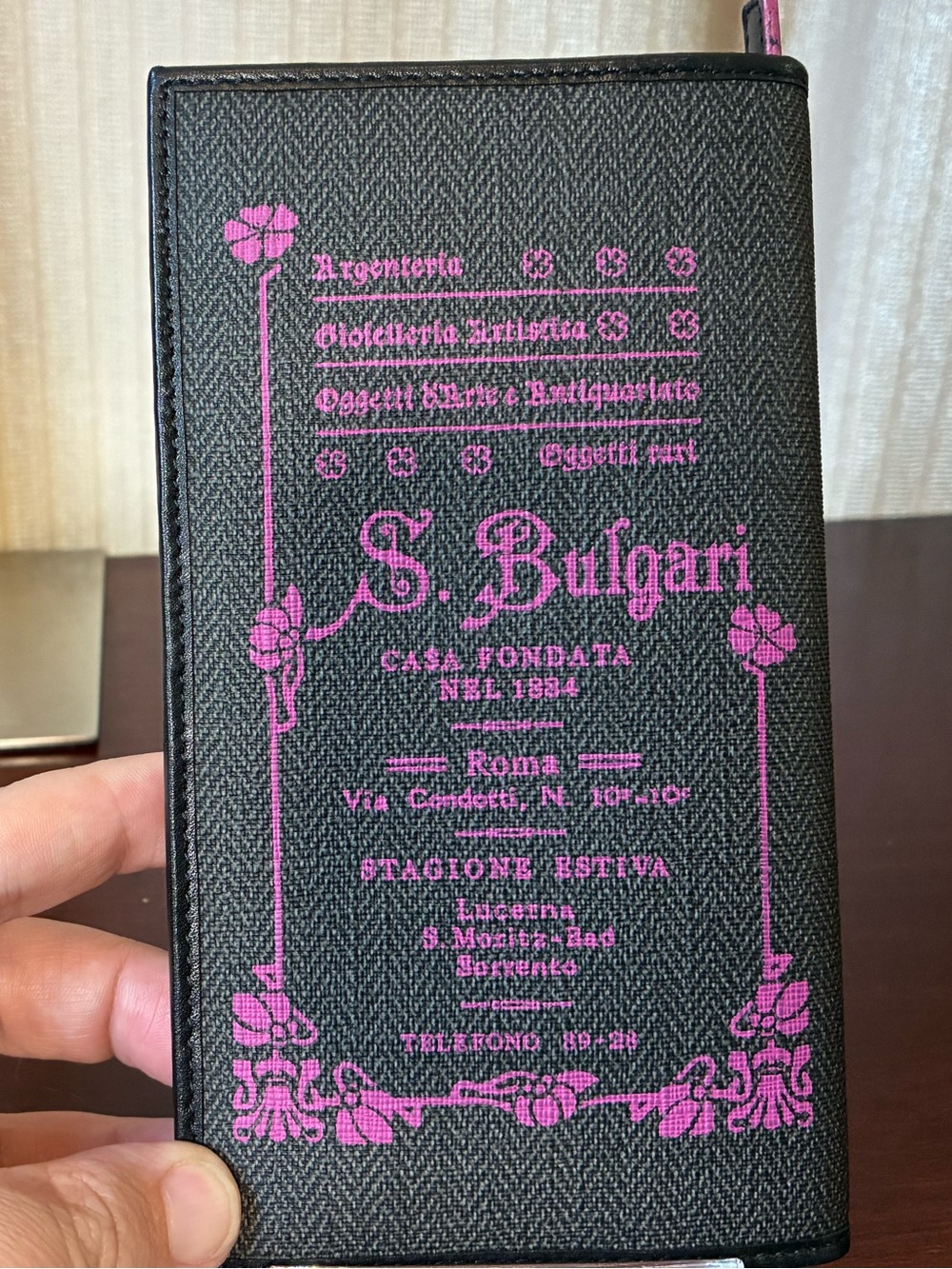 Bulgari Black Wallet Phone Case with Pink Logo Print